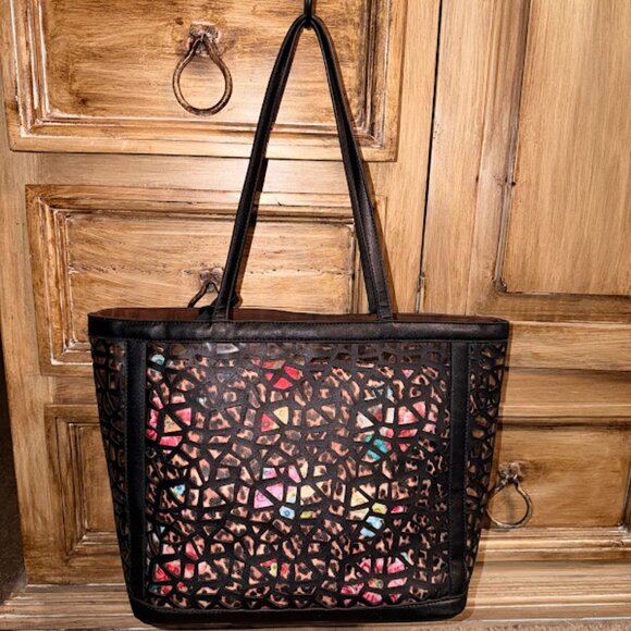 GUC~ 2/1 Laser Cut Out Black Shopper & Leopard Cross Body Bag-Purse-Tote (Bin 9) - Picture 2 of 11